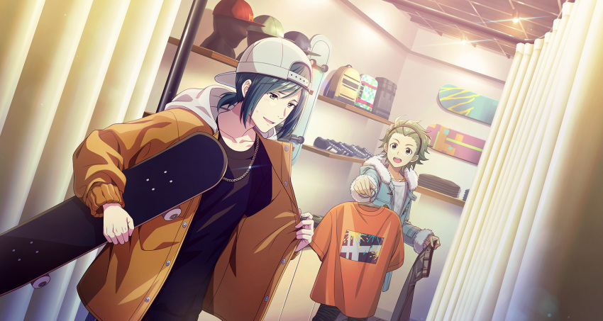 2boys adjusting_clothes backwards_hat black_hairband blush clothes_hanger fingernails green_eyes green_hair hairband hat highres holding holding_clothes holding_pants holding_skateboard idolmaster idolmaster_side-m idolmaster_side-m_growing_stars kiyosumi_kuro male_focus mitarai_shouta multiple_boys official_art open_mouth shirt shoes skateboard smile teeth upper_teeth_only