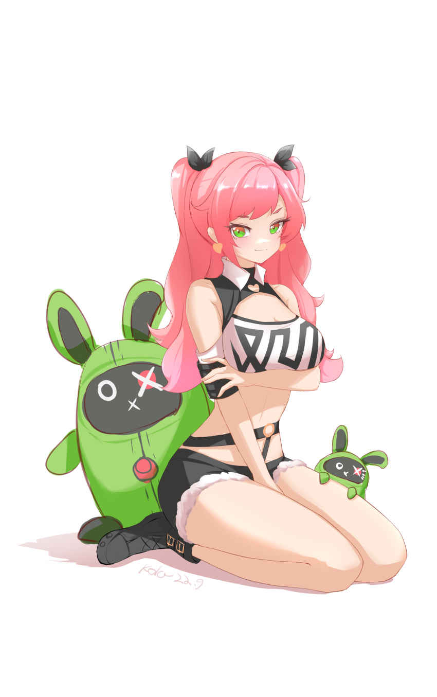 1girl absurdres arm_under_breasts bare_shoulders black_footwear black_ribbon black_shorts boots breasts cleavage cutoffs green_eyes hair_ribbon highres kaola large_breasts long_hair looking_at_viewer midriff navel nicole_demara pink_hair ribbon seiza short_shorts short_sleeves shorts simple_background sitting smile solo stomach strapless thighs tube_top two_side_up very_long_hair white_background zenless_zone_zero