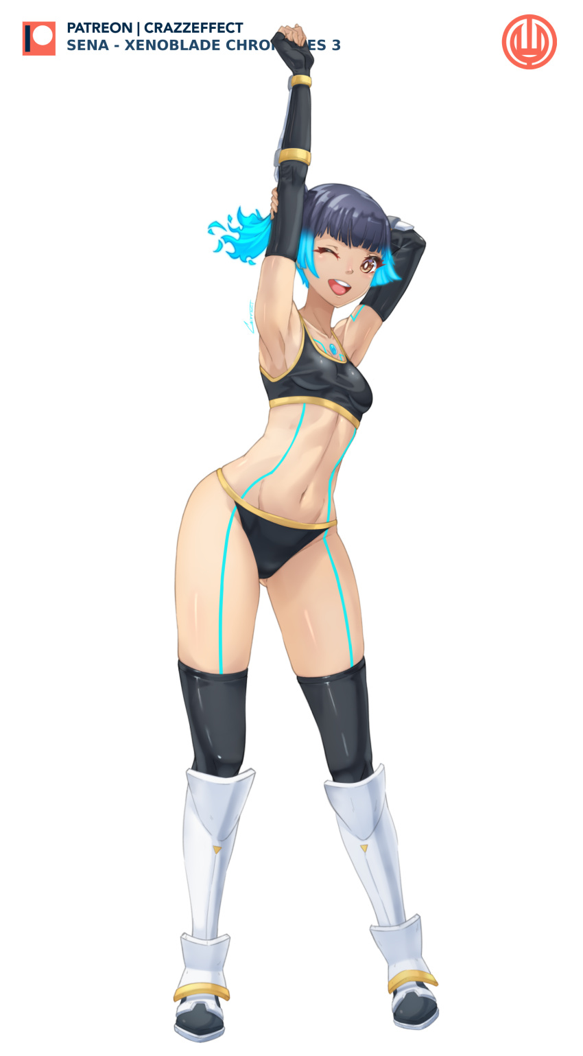 1girl ;d absurdres artist_logo ass_visible_through_thighs bangs black_panties black_sports_bra black_thighhighs blue_hair blunt_bangs breasts chest_jewel crazzeffect elbow_gloves fiery_hair fingerless_gloves full_body gloves glowing_lines highres looking_at_viewer midriff navel one_eye_closed open_mouth panties sena_(xenoblade) smile sports_bra thighhighs underwear xenoblade_chronicles_(series) xenoblade_chronicles_3