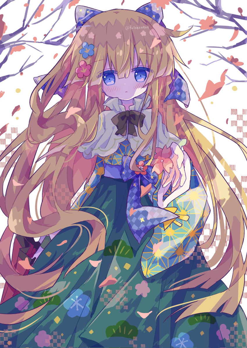 1girl bangs black_ribbon blonde_hair blue_eyes blush flower futaba969649 green_skirt hair_flower hair_ornament hair_ribbon highres japanese_clothes long_hair long_sleeves looking_at_viewer madou_monogatari purple_ribbon puyopuyo ribbon skirt solo tree white_background witch_(puyopuyo)