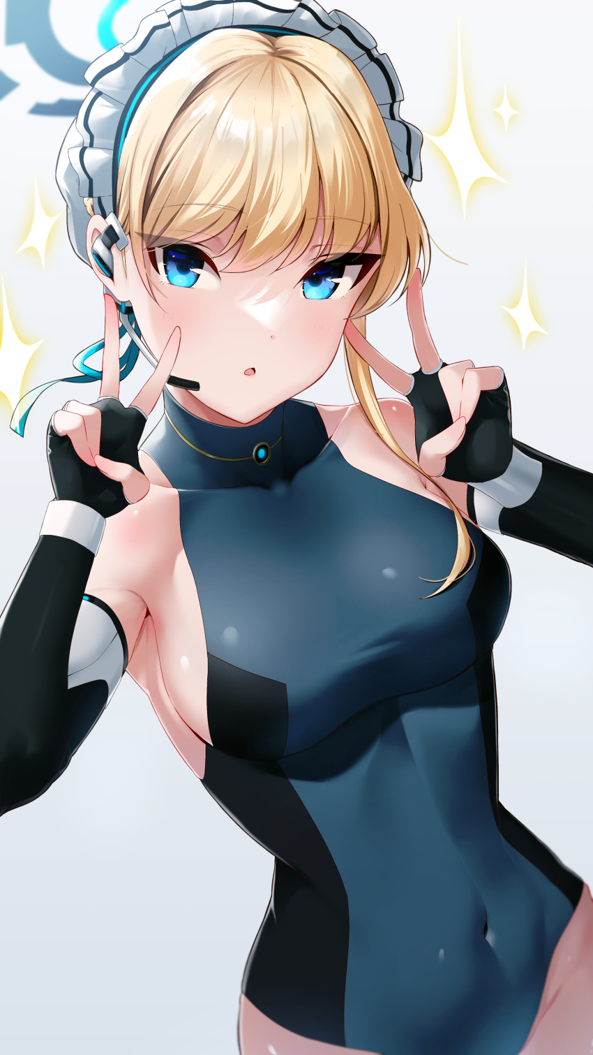 1girl absurdres bangs bare_shoulders black_leotard blonde_hair blue_archive blue_eyes blue_ribbon breasts bun_cover commentary_request covered_navel double_v earpiece elbow_gloves fingerless_gloves gloves hair_bun hair_ribbon halo hands_up highleg highleg_leotard highres leotard looking_at_viewer maid_headdress medium_breasts open_mouth ribbon short_hair sideboob simple_background sleeveless_turtleneck_leotard solo sparkle toki_(blue_archive) totoki86 v