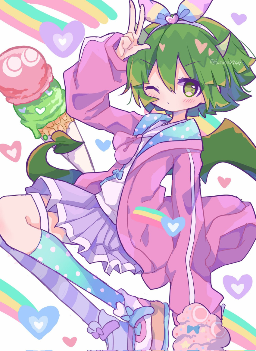 1girl draco_centauros dragon_girl dragon_horns dragon_tail dragon_wings food futaba969649 green_eyes green_hair green_tail green_wings hair_ribbon heart highres horns ice_cream looking_at_viewer madou_monogatari one_eye_closed pointy_ears purple_skirt puyo_(puyopuyo) puyopuyo rainbow ribbon short_hair skirt tail white_background wings