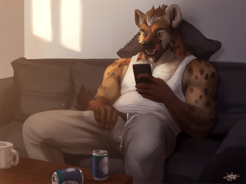 2023 alcohol anthro beer beverage beverage_can biceps bulge cellphone clothed clothing coffee_mug drawstring erection erection_under_clothing fondling fondling_self furniture genitals hand_on_penis hi_res holding_object holding_phone hyena inside jaykat licking licking_lips male mammal manly muscular on_sofa open_mouth pecs penis phone pillow self_fondle shirt sitting smartphone smile sofa solo sweatpants tank_top tongue tongue_out topwear triceps white_clothing white_shirt white_tank_top white_topwear