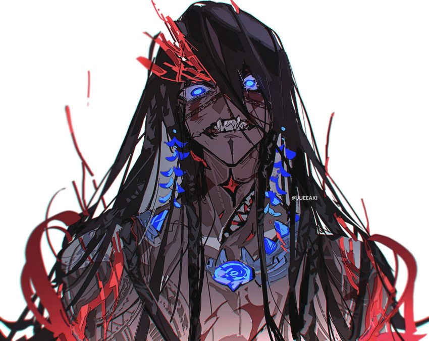 1boy black_hair blue_eyes braid camazotz_(fate) clenched_teeth crazy_eyes eeju extra_mouth fate/grand_order fate_(series) highres long_hair looking_at_viewer male_focus monster_boy multiple_braids sharp_teeth simple_background tattoo teeth twitter_username upper_body white_background wide-eyed