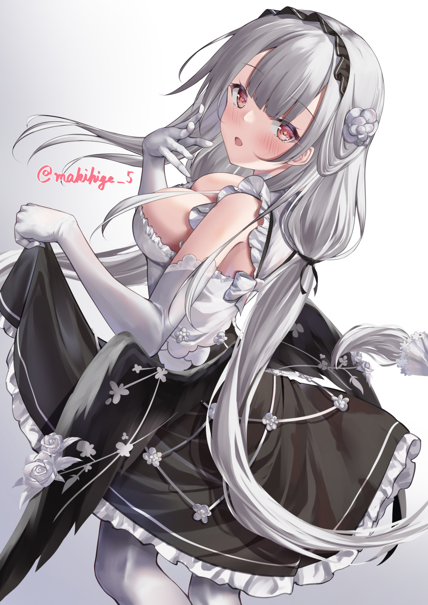 1girl absurdres artist_name azur_lane black_feathers black_wings breasts cleavage clothes_lift dress elbow_gloves feathers flower frilled_dress frills from_behind gloves hair_flower hair_ornament hand_up highres large_breasts lifted_by_self long_hair low_twintails low_wings maid maid_headdress makihige scylla_(azur_lane) skirt skirt_lift twintails white_hair wing_ornament wings