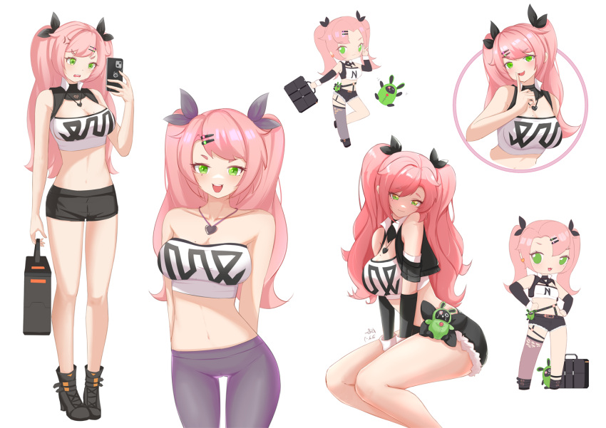 1girl :d bare_arms bare_shoulders black_footwear black_ribbon black_shorts boots breasts cellphone chibi cleavage cutoffs green_eyes grey_pants hair_ornament hair_ribbon hairclip hand_up holding holding_phone index_finger_raised jewelry kaola large_breasts leggings long_hair looking_at_viewer midriff multiple_views navel necklace nicole_demara open_mouth pants phone pink_hair ribbon short_shorts shorts simple_background smartphone smile stomach strapless tube_top two_side_up very_long_hair white_background zenless_zone_zero