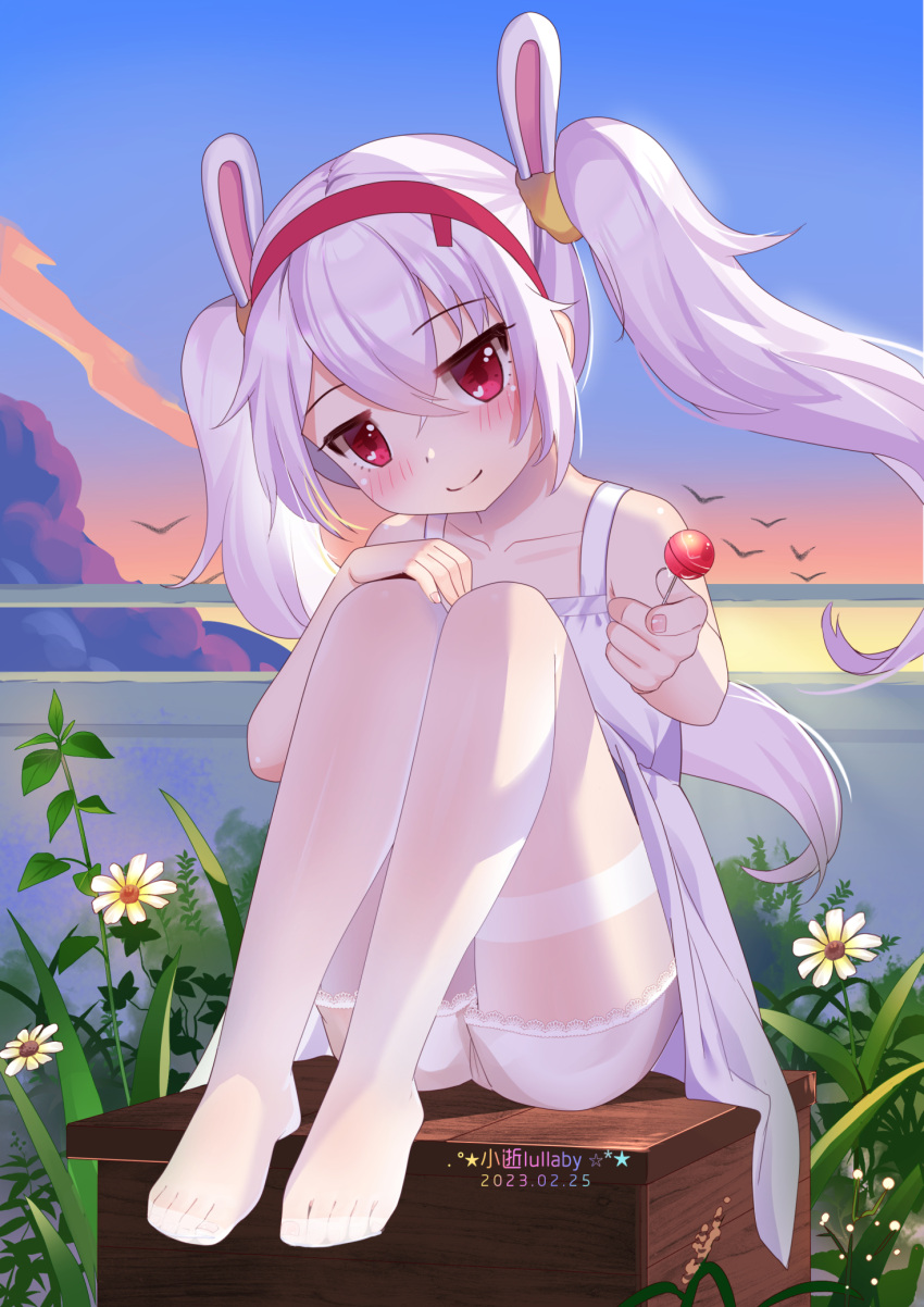 1girl animal_ears artist_name azur_lane bangs box candy chinese_commentary closed_mouth collarbone commentary_request crossed_bangs dated dress evening fake_animal_ears feet food giving giving_food hair_between_eyes head_tilt highres holding holding_candy holding_food holding_lollipop jitome knees_up laffey_(azur_lane) legs legs_together light_purple_hair lollipop long_hair looking_at_viewer no_shoes on_box outdoors pantyhose rabbit_ears red_eyes sidelocks sitting sitting_on_box sky smile solo sundress sunset thighband_pantyhose thighs toes twintails underwear white_dress white_pantyhose wooden_box xiao_shi_lullaby