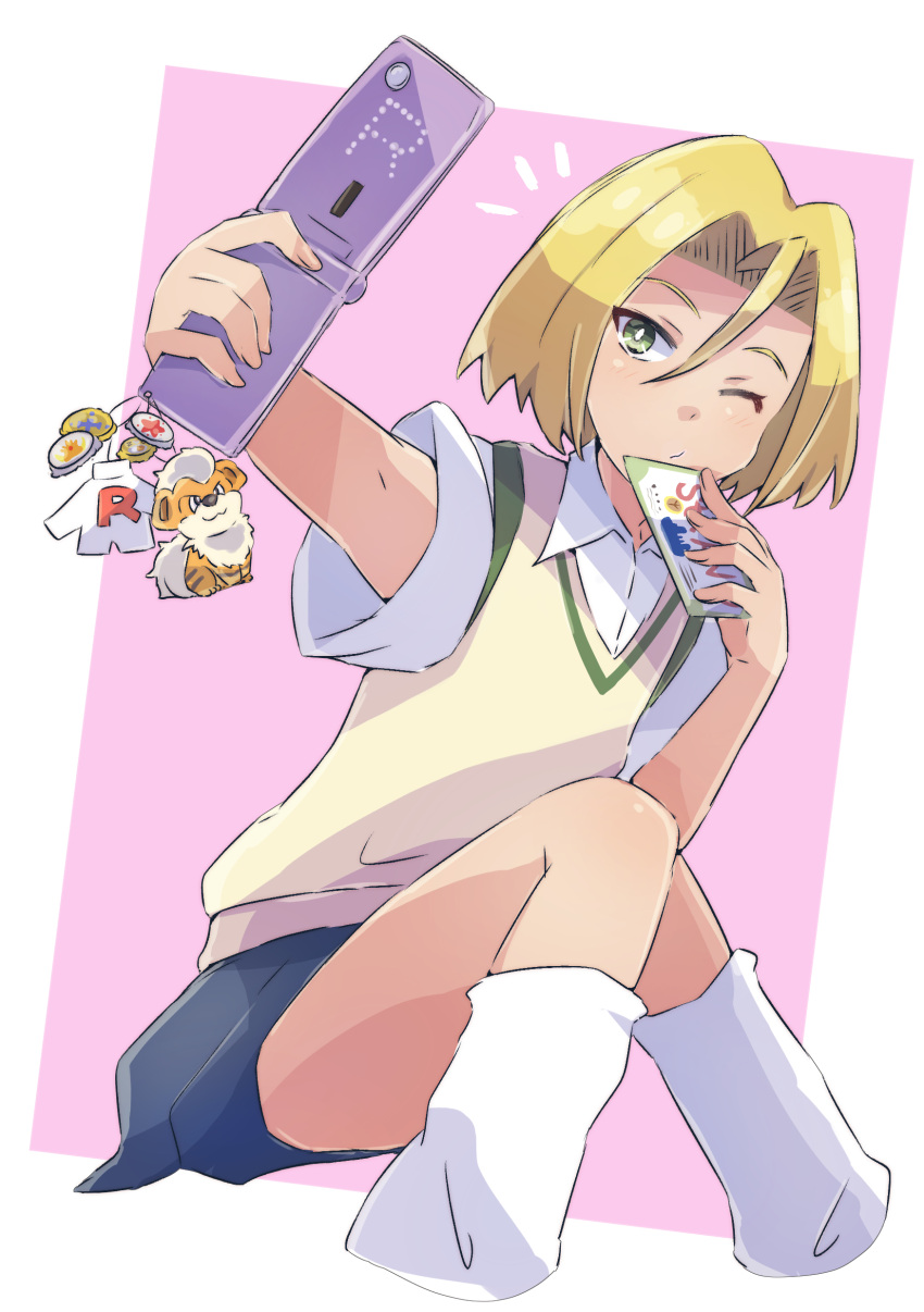 1boy absurdres blonde_hair blue_skirt bottle_cap cellphone cellphone_charm charm_(object) collared_shirt crossdressing green_eyes growlithe hair_between_eyes highres holding holding_phone james_(pokemon) keychain kneehighs male_focus notice_lines one_eye_closed otoko_no_ko phone pokemon pokemon_(anime) pokemon_(classic_anime) school_uniform selfie shiro1030 shirt short_sleeves skirt smartphone socks solo team_rocket white_shirt white_socks