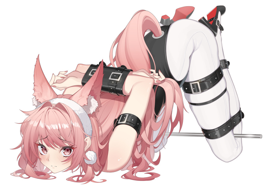 1girl animal_ears arknights armbinder arms_behind_back bdsm black_leotard bondage bound high_heels highres leotard long_hair pantyhose pink_eyes pink_hair pink_nails pozyomka_(arknights) qianshibu spreader_bar tail top-down_bottom-up white_background white_pantyhose wolf_ears wolf_tail