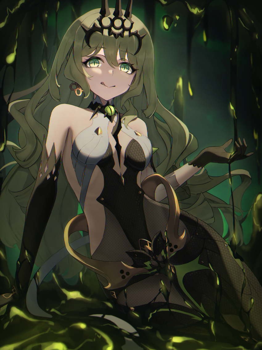 1girl :p absurdres bare_shoulders black_gloves bodysuit breasts crown detached_sleeves earrings gloves gradient_background green_eyes highres honkai_(series) honkai_impact_3rd jewelry looking_at_viewer miro mobius_(honkai_impact) multicolored_bodysuit multicolored_clothes revealing_clothes slime_(substance) slit_pupils small_breasts solo tongue tongue_out