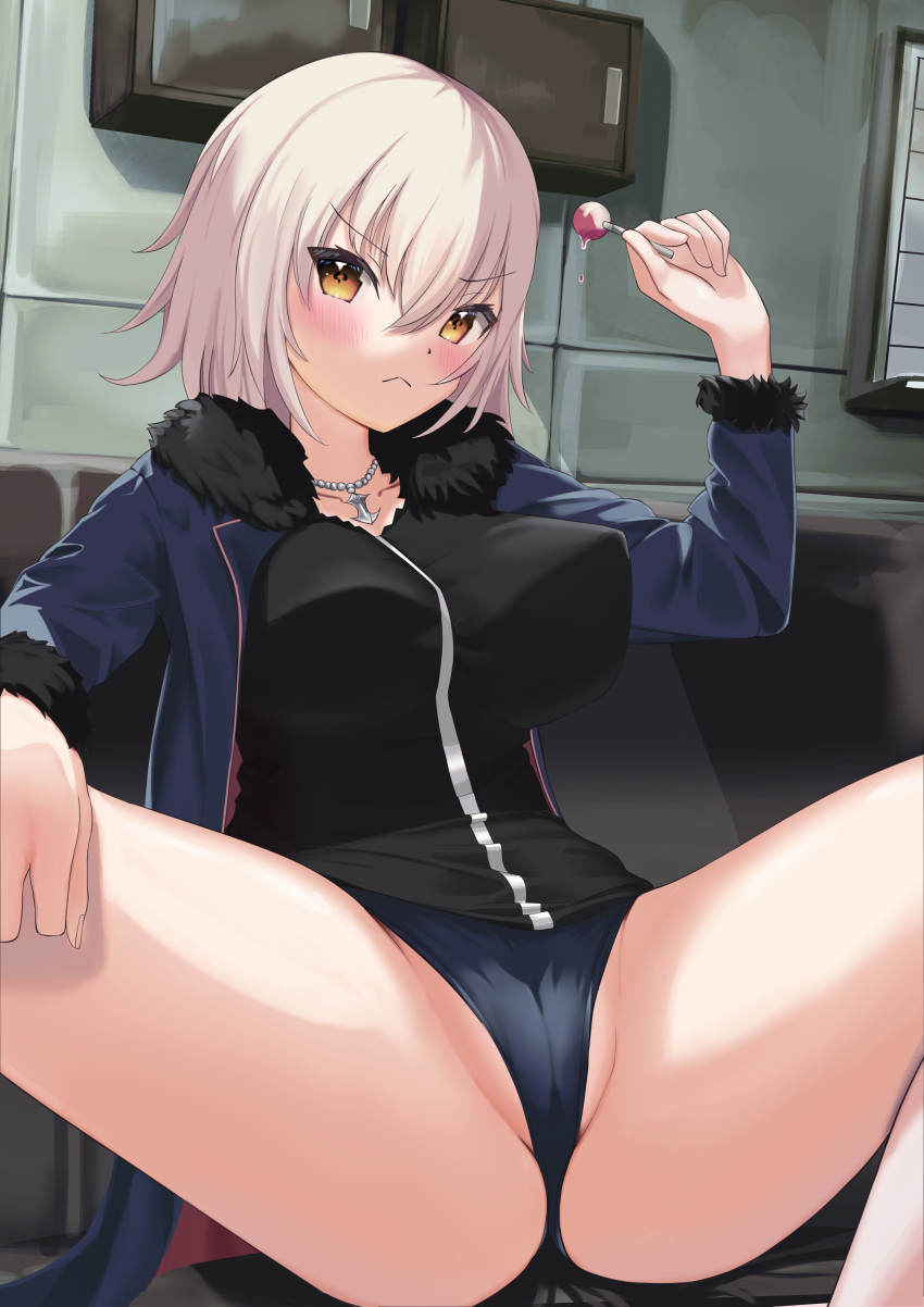1girl absurdres ass bangs black_dress blue_coat blue_panties breasts cameltoe candy coat collarbone dress fate/grand_order fate_(series) food fur-trimmed_coat fur_trim grey_hair highres jeanne_d'arc_alter_(fate) jeanne_d'arc_alter_(ver._shinjuku_1999)_(fate) jewelry large_breasts lollipop long_sleeves looking_at_viewer necklace nikuromuline open_clothes open_coat panties short_dress short_hair solo spread_legs thighs underwear yellow_eyes
