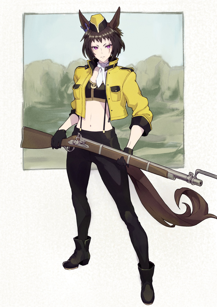 1girl absurdres animal_ears ankle_boots bangs bayonet black_footwear black_gloves black_pants black_sports_bra boots breasts brown_hair byerley_turk_(umamusume) closed_mouth collarbone commentary_request ear_ornament full_body gloves gun hat highres holding holding_gun holding_weapon horse_ears horse_girl jacket long_sleeves looking_at_viewer midriff navel open_clothes open_jacket outside_border pants pink_eyes scar scar_across_eye scarf short_hair sidelocks small_breasts solo sports_bra standing suspenders tenkey2022 umamusume weapon white_scarf yellow_headwear yellow_jacket