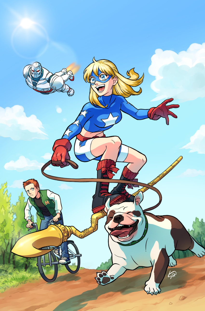 1girl 2boys animal_hands bicycle blonde_hair blue_eyes boots cross-laced_footwear dc_comics dog dog_paws gloves green_eyes ground_vehicle highres lace-up_boots leash long_sleeves midriff mike_dugan multiple_boys official_art open_mouth outdoors red_gloves red_hair road s.t.r.i.p.e sen_(sen69) shoelaces shoes sneakers staff star_(symbol) stargirl superhero teeth tongue tongue_out
