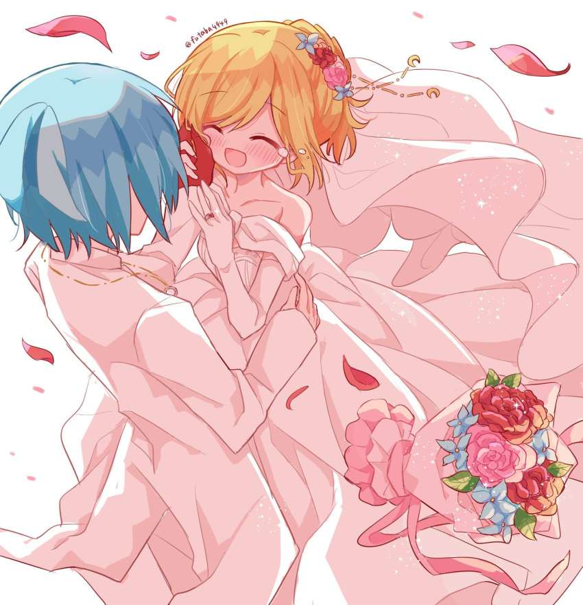 amitie_(puyopuyo) blonde_hair blue_hair blush closed_eyes crying dress flower futaba969649 hair_flower hair_ornament hand_on_another's_cheek hand_on_another's_face hetero highres jewelry puyopuyo ring short_hair sig_(puyopuyo) wedding wedding_dress wedding_ring white_background white_dress