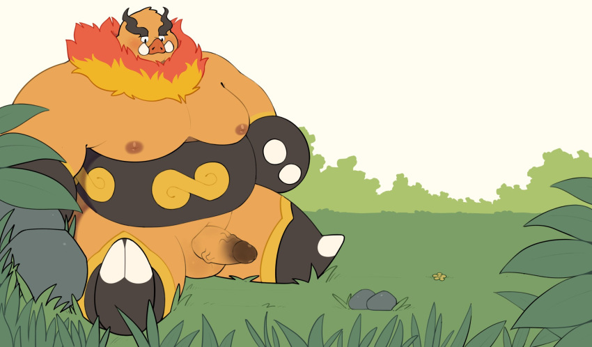 2023 anthro balls belly big_belly blush detailed_background emboar erection generation_5_pokemon genitals haoming hi_res kemono male moobs nintendo nipples orange_body outside overweight overweight_male penis pokemon pokemon_(species) sitting solo