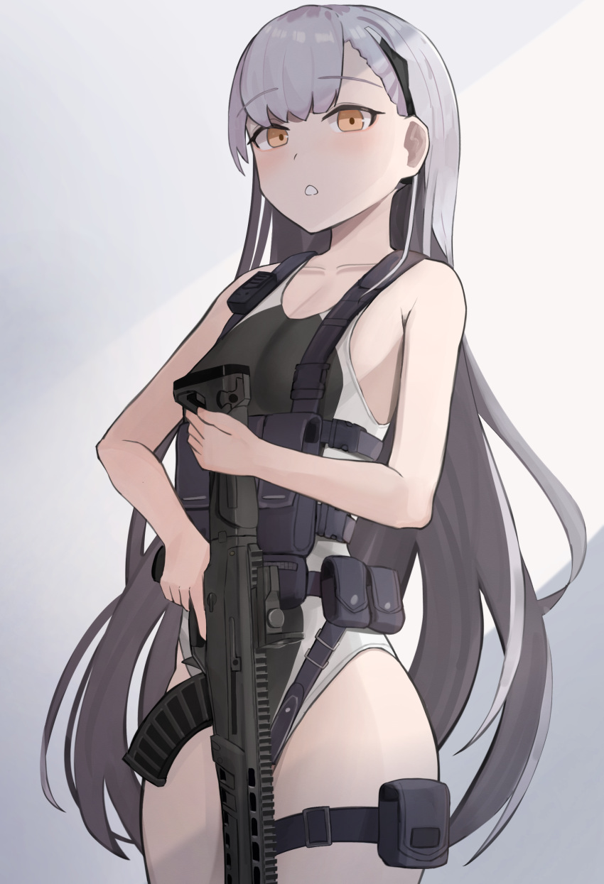 1girl absurdres ak-alfa ak-alfa_(girls'_frontline) bare_shoulders black_one-piece_swimsuit blush breasts competition_swimsuit cowboy_shot gamryous girls'_frontline grey_background grey_hair gun highres holding holding_gun holding_weapon long_hair looking_at_viewer one-piece_swimsuit orange_eyes simple_background small_breasts solo swimsuit thigh_pouch thighs weapon