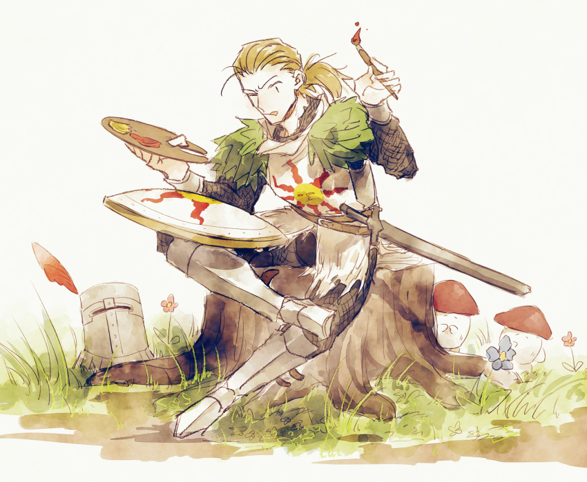 1boy armor blonde_hair dark_souls_(series) dark_souls_i full_armor grass headwear_removed helm helmet helmet_removed highres knight painting_(action) plume ponytail shield solaire_of_astora sun_symbol togeppoi