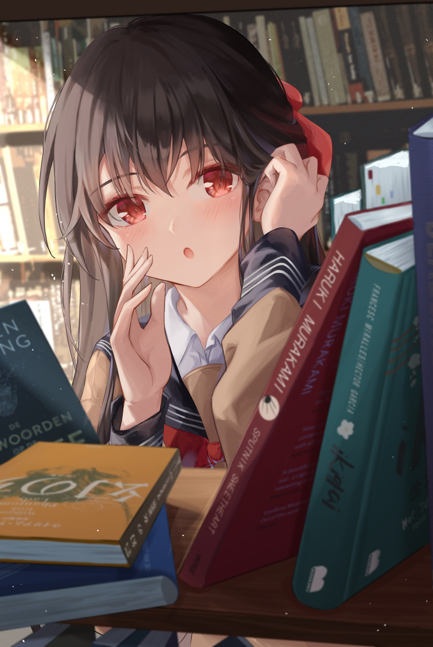 1girl absurdres adjusting_hair bangs black_hair blush bookshelf bow collared_shirt crossed_bangs finale hair_bow highres indoors library looking_at_viewer medium_hair open_mouth original portrait red_bow red_eyes school_uniform shirt solo sunlight white_shirt