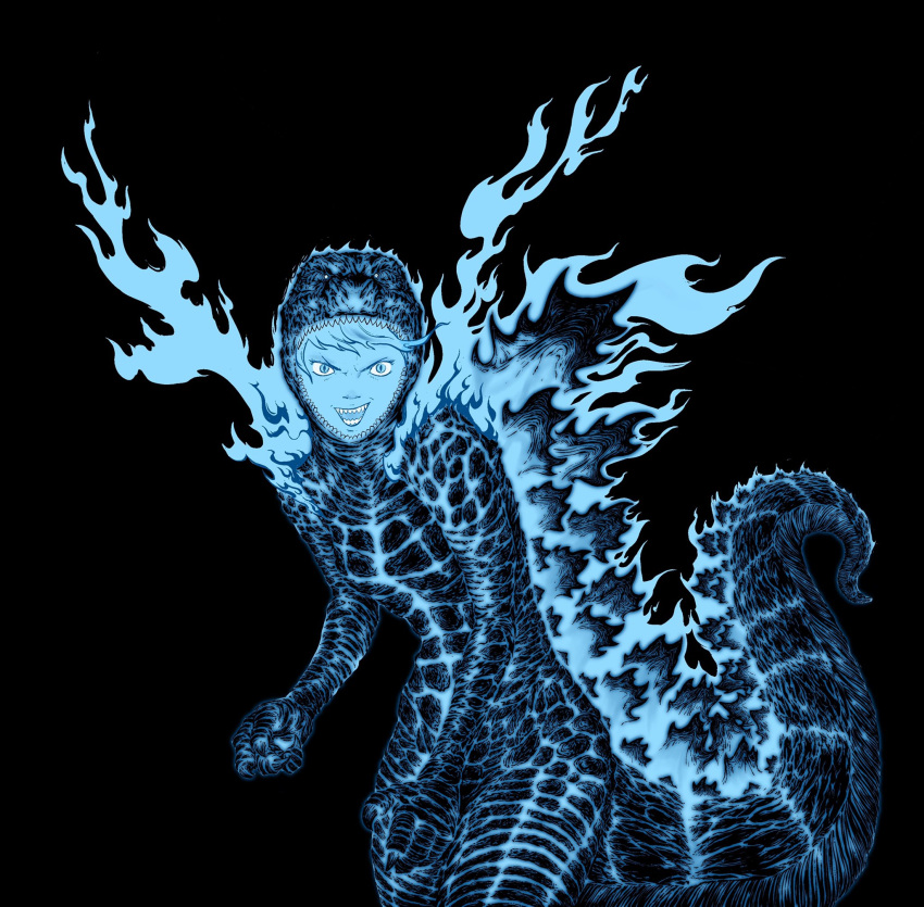 1girl animal_hands black_background black_scales blue_eyes blue_fire blue_hair blue_theme breasts claws cowboy_shot dandagouglas english_commentary fiery_hair fire flaming_head godzilla godzilla_(series) highres kaijuu lizard_tail looking_at_viewer monster_girl open_mouth personification reptile_girl scales sharp_teeth short_hair simple_background slit_pupils small_breasts spines standing tail teeth