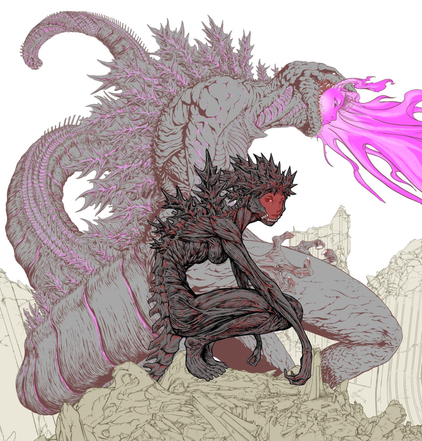 2girls breasts claws closed_mouth completely_nude dandagouglas fiery_hair fire flaming_head full_body godzilla_(series) godzilla_(shin) highres hunched_over lizard_tail looking_at_viewer looking_down monster_girl multiple_girls nude personification pink_fire pink_hair red_eyes reptile_girl rubble shin_godzilla short_eyebrows small_breasts spines squatting standing tail tail_mouth white_background