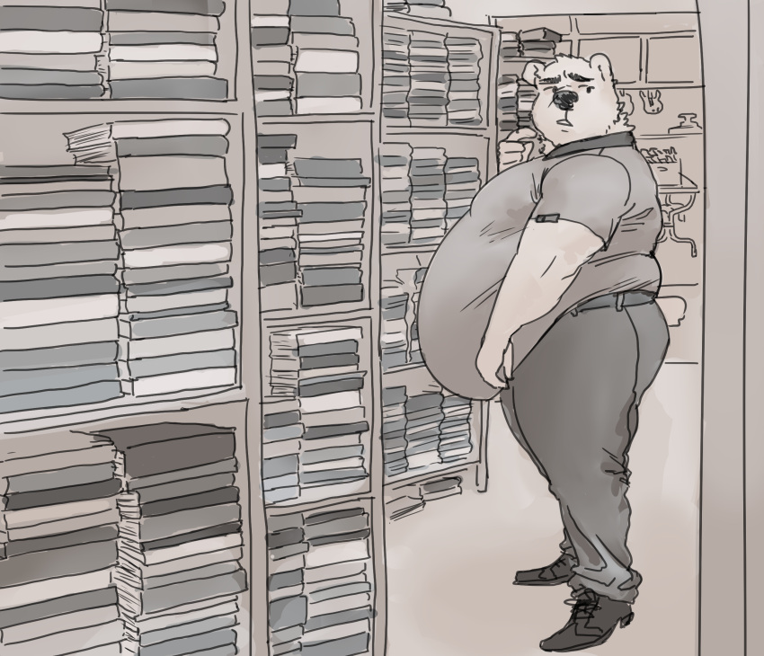 5_fingers anthro archive bear belly belly_overhang big_belly book bookshelf fingers fur furniture hi_res hypnicjerk library looking_back male mammal monochrome moobs nervous nervous_expression obese obese_anthro obese_male overweight overweight_anthro overweight_male polar_bear solo ursine white_body white_fur