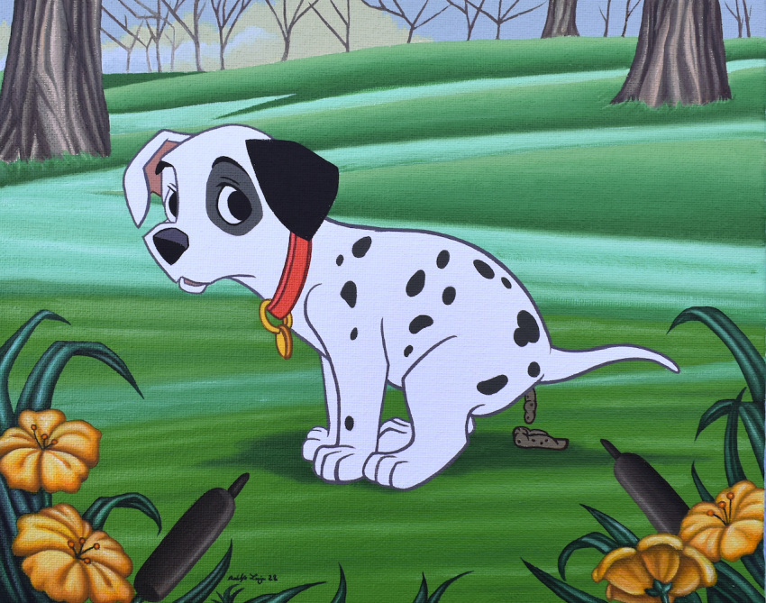 101_dalmatians canid canine canis dalmatian disney domestic_dog feces feral forest forest_background jose_rodolfo_loaiza_ontiveros looking_back male mammal nature nature_background outside patch_(101_dalmatians) plant pooping potty_time scat solo tree young