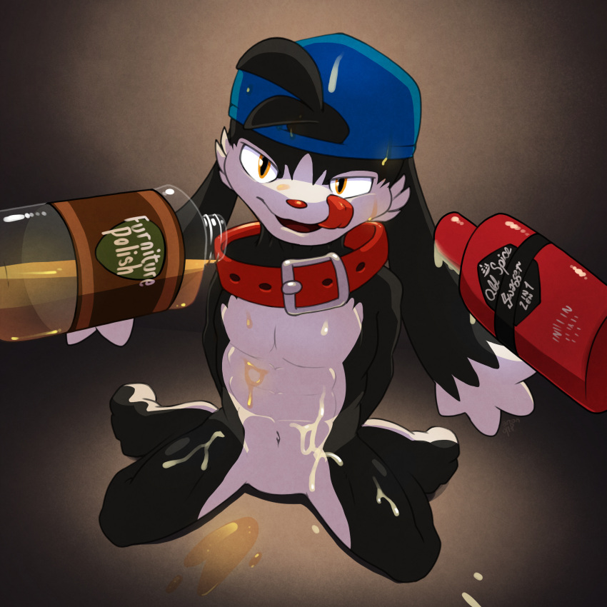 abs absurd_res argon_vile athletic backwards_hat bandai_namco clothing collar featureless_crotch felid furniture_polish hat headgear headwear hi_res klonoa klonoa_(series) kneeling licking licking_lips male mammal pecs shampoo shampoo_bottle solo tongue tongue_out