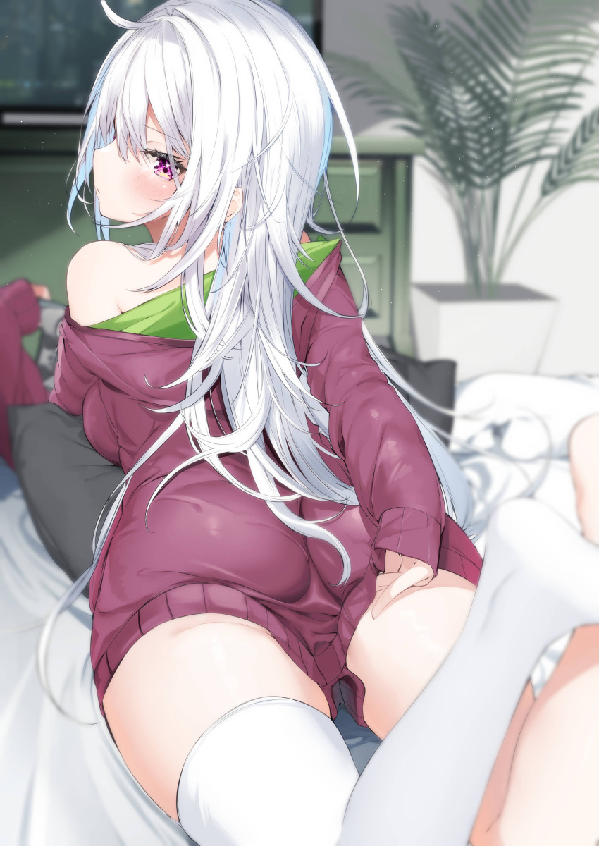 1girl absurdres ass bangs bare_shoulders bed blurry blurry_background blurry_foreground commentary_request depth_of_field hair_between_eyes highres hood hood_down hoodie indoors kamioka_shun'ya legs_up long_hair long_sleeves looking_at_viewer looking_back lying no_shoes off_shoulder on_stomach original pillow plant potted_plant purple_eyes purple_hoodie shiori_(kamioka_shun'ya) single_thighhigh sleeves_past_wrists solo thighhighs very_long_hair white_hair white_thighhighs