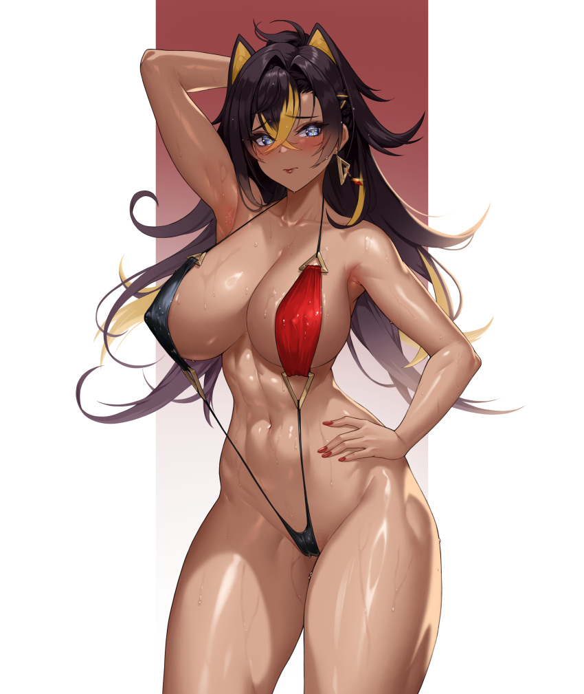 1girl abs absurdres adapted_costume arm_behind_head arm_up armpits bare_shoulders black_hair blonde_hair blue_eyes blush breasts cameltoe cleavage closed_mouth dehya_(genshin_impact) embarrassed genshin_impact gradient_background hand_on_hip highres karmiel large_breasts long_hair looking_at_viewer multicolored_hair nail_polish navel red_nails slingshot_swimsuit solo stomach sweat swimsuit two-tone_hair very_long_hair