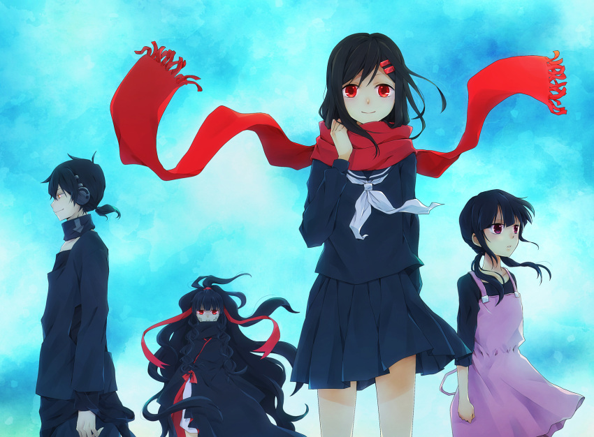 1boy 3girls arm_at_side arrow_(symbol) arrow_print asahina_hiyori azami_(kagerou_project) bangs black_hair black_kimono black_pants black_sailor_collar black_serafuku black_shirt blue_sky blunt_bangs closed_mouth commentary curly_hair dark_konoha day expressionless floating_scarf fringe_trim from_side hair_ornament hair_ribbon hairclip highres japanese_clothes kagerou_project kimono kingyo_(984) konoha_(kagerou_project) layered_sleeves long_hair long_sleeves looking_afar looking_at_viewer looking_to_the_side low_twintails multiple_girls neck_warmer neckerchief outdoors overalls pants parted_lips pink_overalls pink_skirt profile red_eyes red_ribbon red_scarf ribbon sailor_collar scales scarf school_uniform serafuku shirt short_hair short_ponytail skirt sky sleeves_past_elbows smile tateyama_ayano twintails very_long_hair white_neckerchief wind yellow_eyes