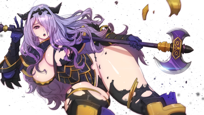 1girl absurdres armor axe black_armor black_gloves black_panties breasts broken_armor butcherboy camilla_(fire_emblem) cleavage commission fire_emblem fire_emblem_fates gloves hair_over_one_eye halberd highres large_breasts long_hair looking_at_viewer mature_female panties pixiv_commission polearm solo thick_thighs thighs tiara torn_clothes torn_panties underwear very_long_hair wavy_hair weapon