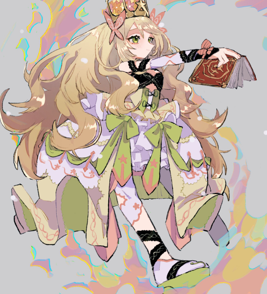 1girl bangs blonde_hair book breasts butterfly_hair_ornament celine_(fire_emblem) crown dress fire_emblem fire_emblem_engage full_body green_eyes grey_background hair_ornament highres holding holding_book long_hair magic outstretched_arm saba_no_hige small_breasts solo very_long_hair