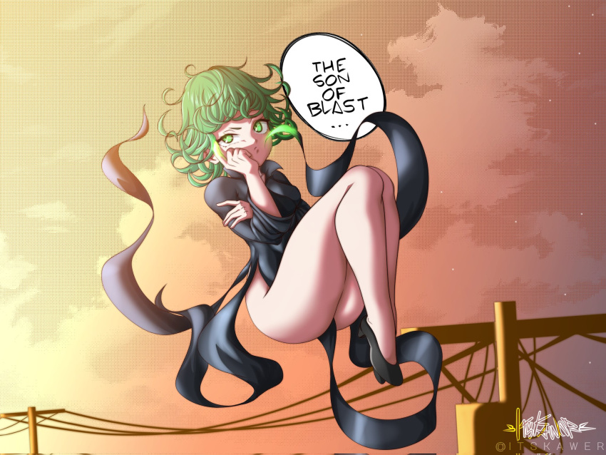 1girl bangs black_dress breasts closed_mouth dress floating frown green_eyes green_hair hand_on_own_cheek hand_on_own_face high_heels highres itskawer long_sleeves medium_breasts medium_hair one-punch_man outdoors psychic solo speech_bubble tatsumaki