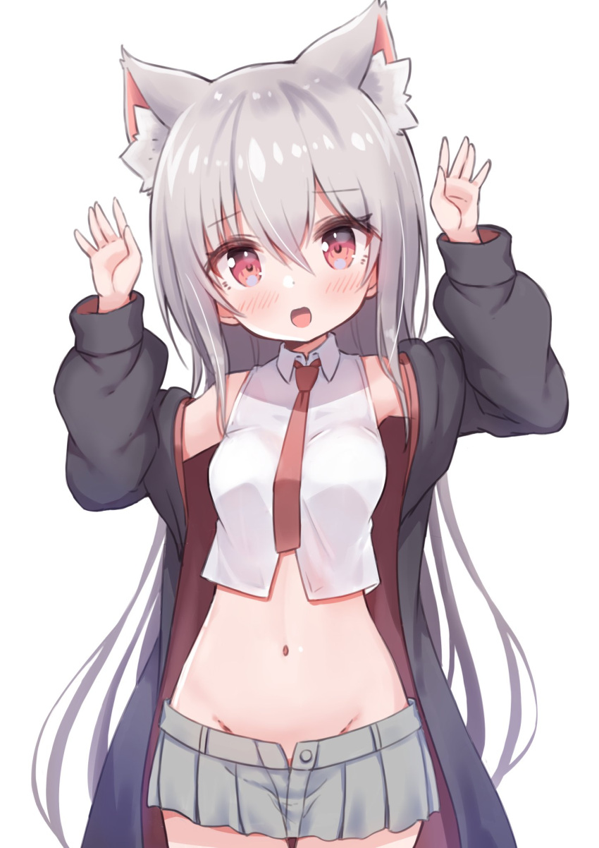 1girl animal_ear_fluff animal_ears arms_up black_coat blush breasts cat_ears coat crop_top grey_hair grey_skirt groin highres long_hair miniskirt navel necktie no_panties off_shoulder open_clothes open_coat open_mouth original pleated_skirt red_eyes red_necktie shirt simple_background siragagaga skirt sleeveless sleeveless_shirt small_breasts solo stomach very_long_hair white_background white_shirt