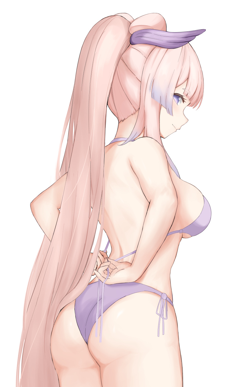 1girl absurdres ass bangs bikini blunt_bangs bow-shaped_hair breasts closed_mouth commentary_request from_behind genshin_impact gradient_hair hair_ornament hayashi444555 highres large_breasts light_smile long_hair looking_at_viewer looking_to_the_side multicolored_hair pink_hair ponytail profile purple_bikini purple_eyes purple_hair sangonomiya_kokomi side-tie_bikini_bottom sideboob solo swimsuit untied untied_bikini very_long_hair white_background