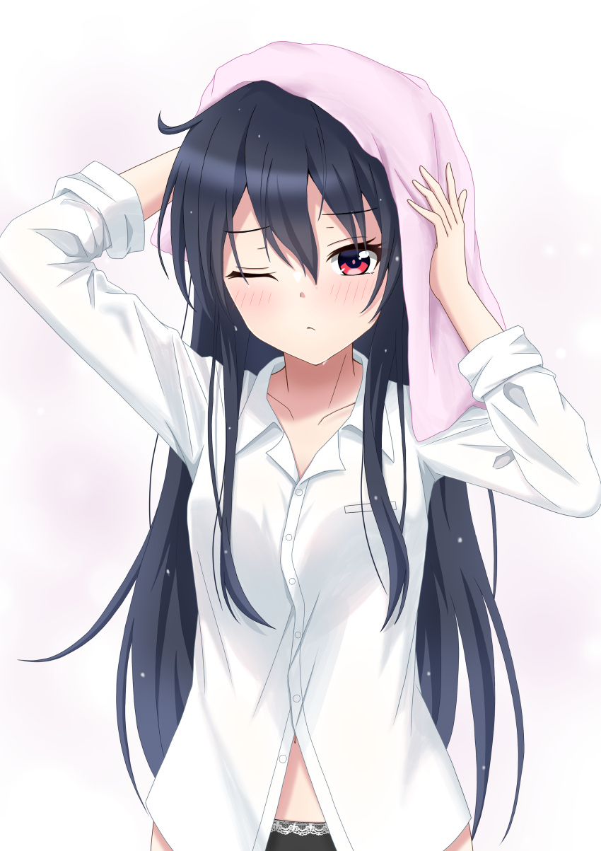 1girl absurdres arm_up bangs black_hair black_panties blush cinderella_series closed_mouth collarbone collared_shirt commentary_request hachigatsu_no_cinderella_nine hair_between_eyes hands_up highres long_hair long_sleeves looking_at_viewer one_eye_closed panties pink_towel red_eyes shinonome_ryo shinshiro shirt simple_background solo standing towel underwear upper_body very_long_hair washing_hair white_background white_shirt