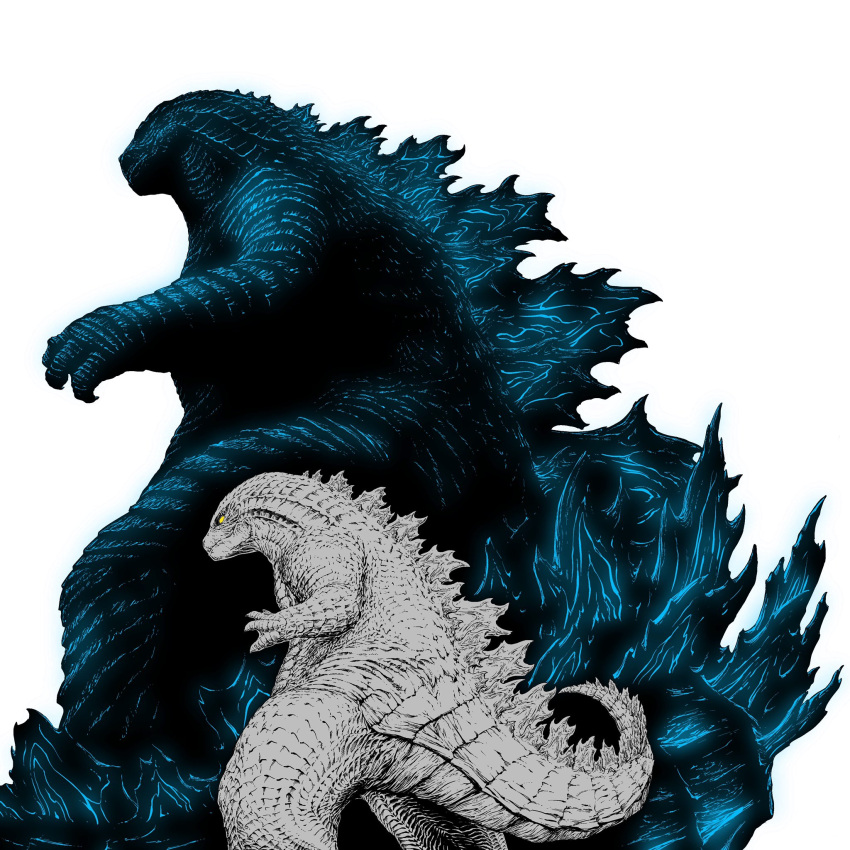 claws closed_mouth dandagouglas english_commentary feet_out_of_frame full_body glowing godzilla godzilla_(series) grey_scales highres looking_to_the_side no_humans partially_colored scales simple_background spines white_background yellow_eyes