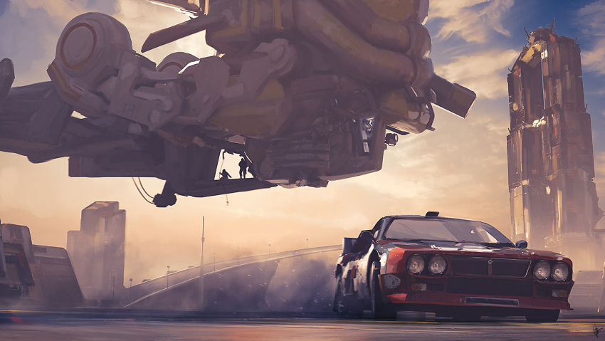 2others aircraft bridge building burnout car chasing dust gregory_fromenteau ground_vehicle lancia_037 motor_vehicle multiple_others original race_vehicle racecar rally_car science_fiction signature spacecraft sunset vehicle_focus