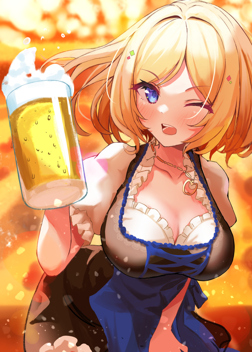 1girl :d aki_rosenthal alcohol alternate_costume bangs beer beer_mug blonde_hair blue_eyes blush bob_cut bodice cross-laced_clothes cup dirndl frilled_shirt frills german_clothes highres holding holding_cup hololive jewelry looking_at_viewer mug necklace open_mouth parted_bangs pendant_choker puffy_short_sleeves puffy_sleeves shinka_(yonkun121) shirt short_hair short_sleeves smile solo virtual_youtuber white_shirt