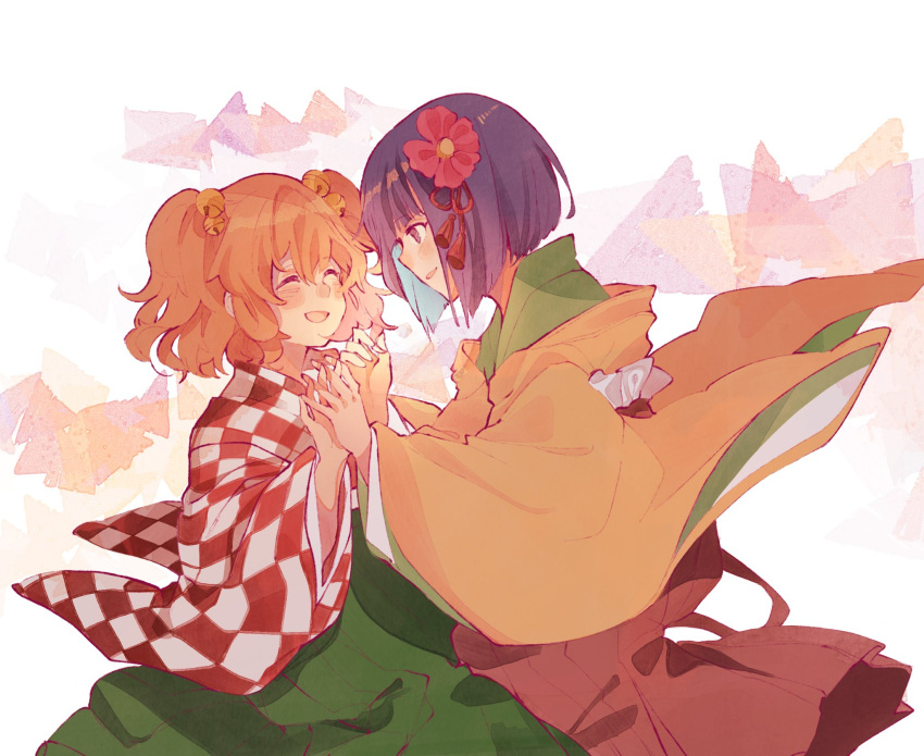 :d bangs checkered_clothes checkered_kimono closed_eyes commentary english_commentary flower green_kimono green_skirt hair_flower hair_ornament hieda_no_akyuu highres japanese_clothes kabocha1408 kimono looking_at_another looking_to_the_side motoori_kosuzu one_eye_closed open_mouth purple_eyes purple_hair red_flower red_skirt short_hair skirt smile touhou two_side_up white_background wide_sleeves