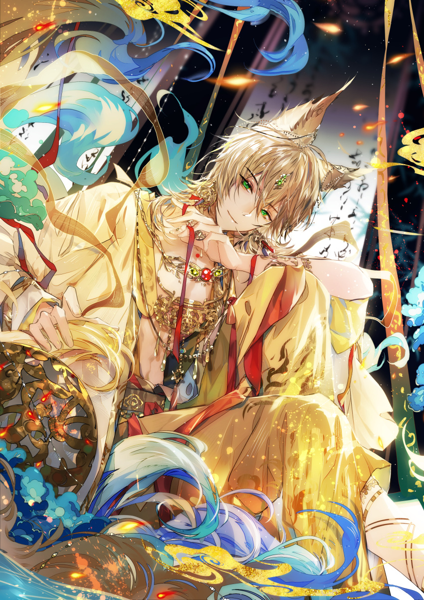 1boy absurdres animal_ears aqua_gemstone bishounen blonde_hair diffraction_spikes dunhuang_style dutch_angle for_all_time fox_boy fox_ears gem glint green_eyes highres light light_particles light_smile long_sleeves looking_at_viewer luchen male_focus open_clothes red_gemstone solo sparkle zishengtian123