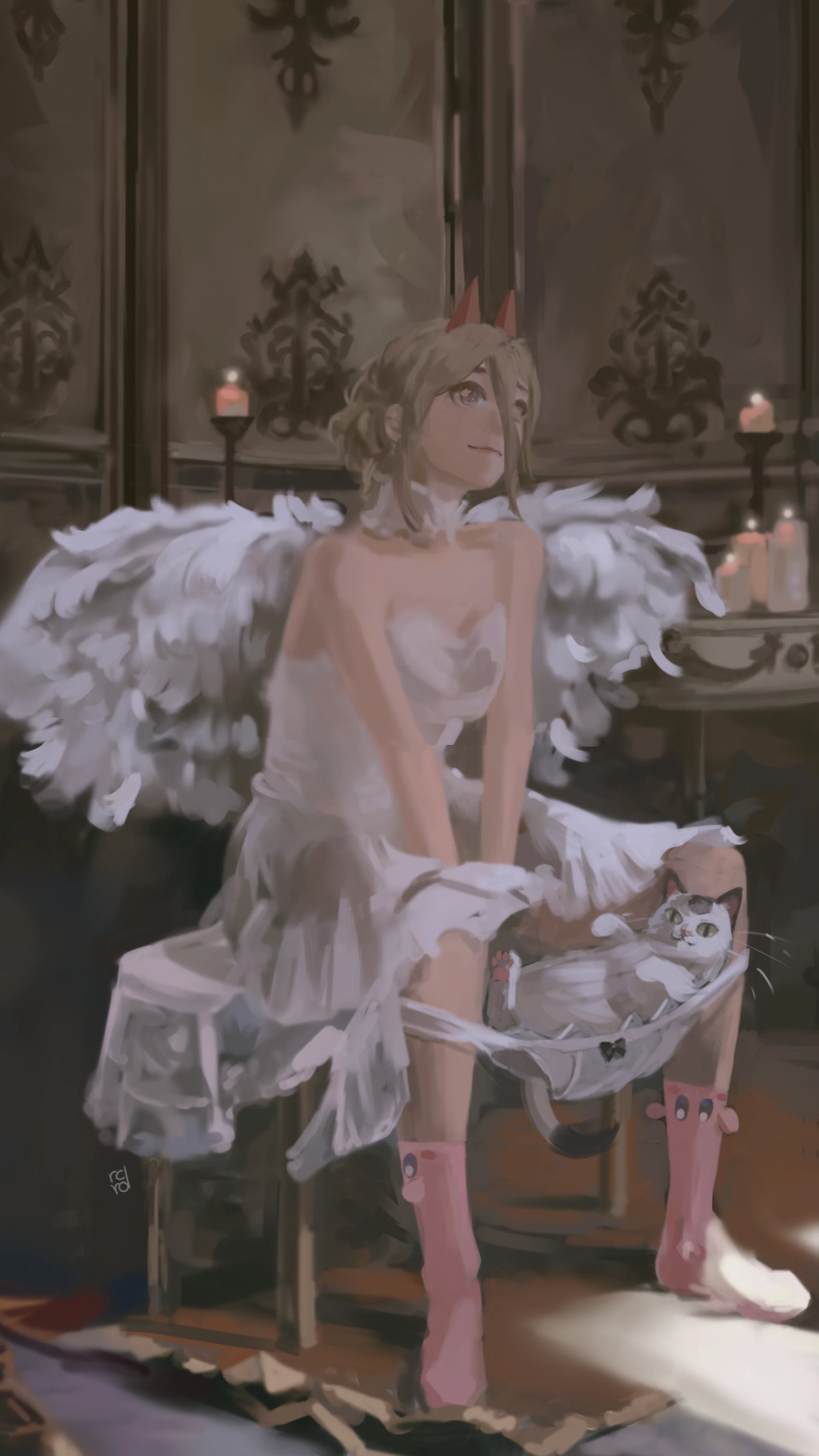 1girl absurdres angel_wings bangs blonde_hair candle chainsaw_man dana_(ocana_dana) dress fake_wings hair_between_eyes highres kirby kirby_(series) looking_at_viewer looking_up meowy_(chainsaw_man) panties panties_removed power_(chainsaw_man) short_hair sitting strapless strapless_dress underwear white_dress wings