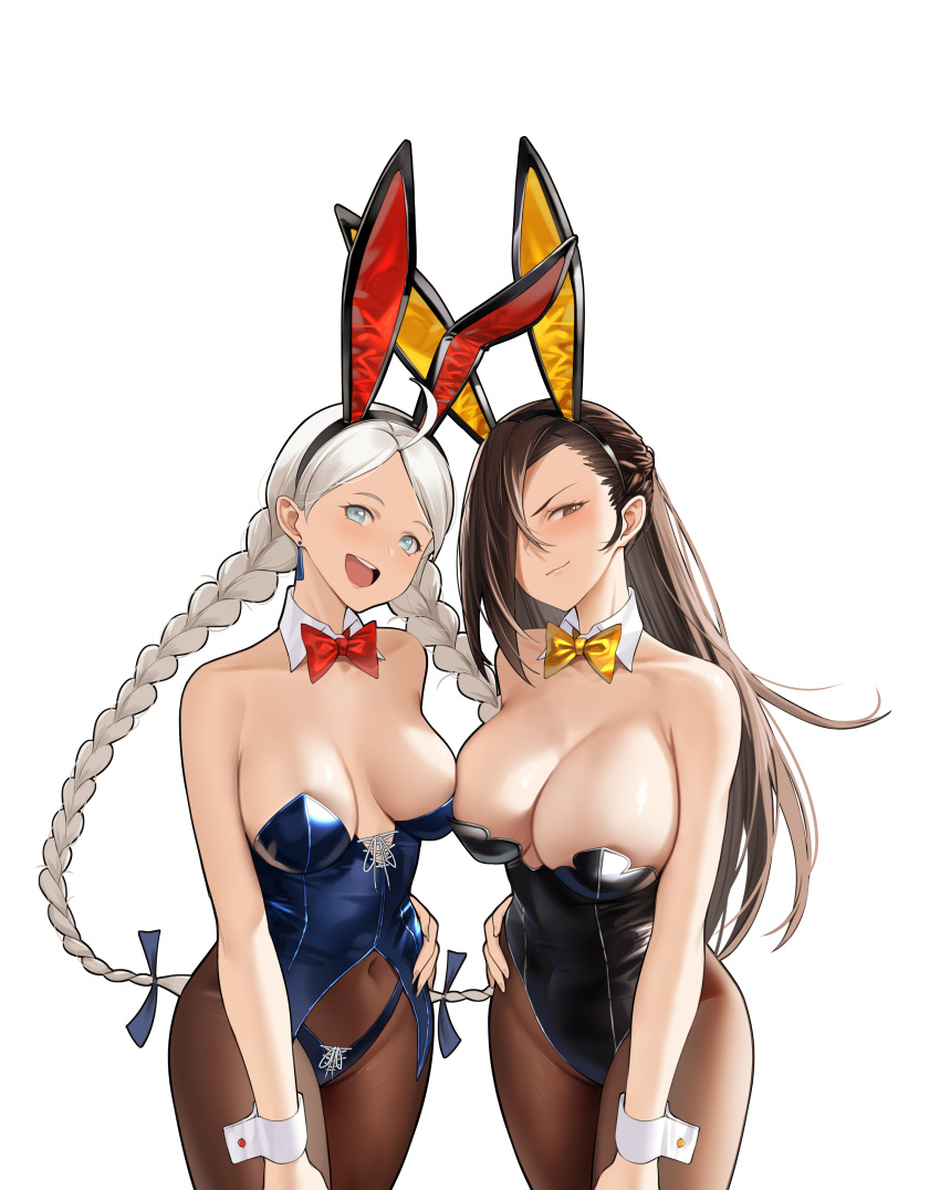 2girls absurdres ahoge alternate_costume animal_ears bangs bare_shoulders black_pantyhose blue_eyes blue_panties bow bowtie braid breast_press breasts brown_eyes brown_hair chinese_zodiac commission commissioner_upload crystal_earrings detached_collar earrings fire_emblem fire_emblem_fates hair_over_one_eye highres jewelry kagero_(fire_emblem) lace-trimmed_panties lace_trim large_breasts long_hair low_twin_braids medium_breasts multiple_girls nina_(fire_emblem) non-web_source open_mouth panties pantyhose parted_bangs playboy_bunny rabbit_ears red_bow red_bowtie shizuko_hideyoshi teeth twin_braids underwear upper_teeth_only white_background white_hair wrist_cuffs year_of_the_rabbit yellow_bow yellow_bowtie