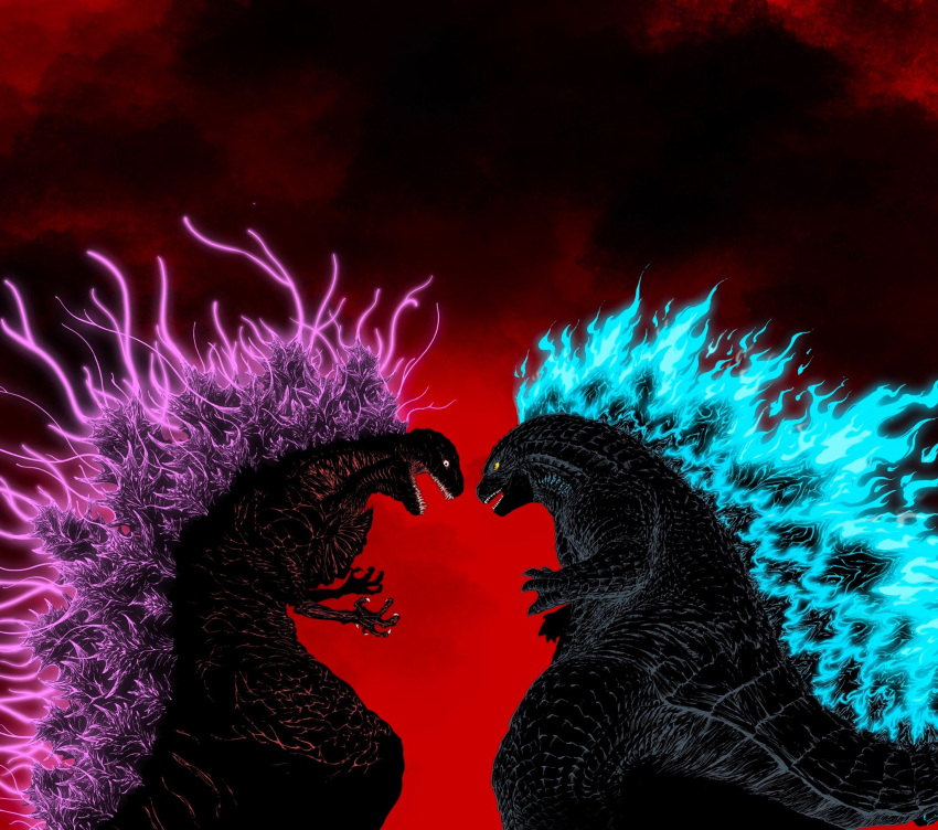 black_background black_eyes blue_fire colored_sclera dandagouglas english_commentary fangs fire glowing godzilla godzilla_(series) godzilla_(shin) highres looking_at_another looking_at_viewer open_mouth red_background shin_godzilla simple_background spines standing upper_body yellow_eyes yellow_sclera