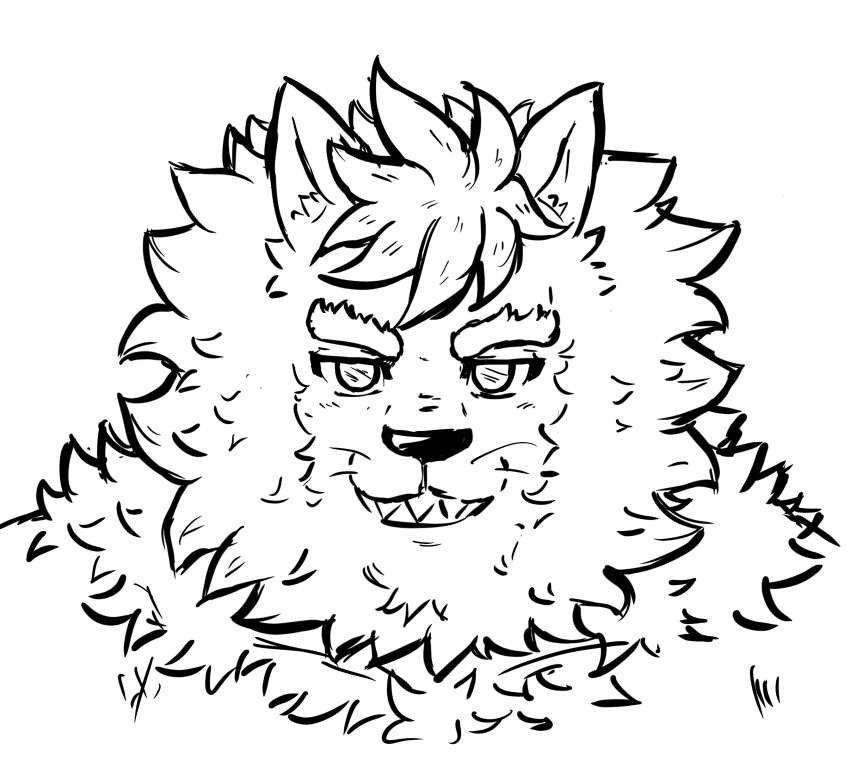 absurd_res anthro colorless dynogreeno eyebrows felid feline hi_res lion male mammal mane monochrome pantherine sharp_teeth smile solo teeth thick_eyebrows whiskers
