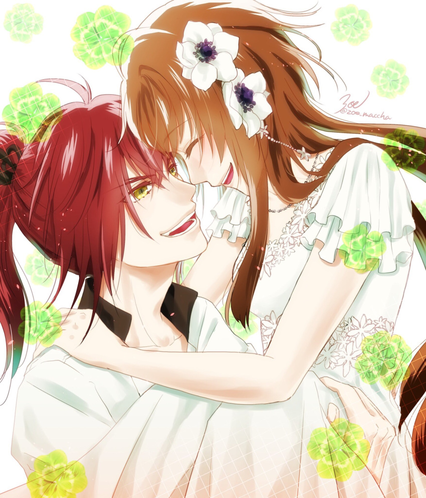 1boy 1girl anemone_(flower) black_shirt brown_hair closed_eyes collar_x_malice dress enomoto_mineo flower hair_flower hair_ornament hetero highres hoshino_ichika_(collar_x_malice) hug jacket long_hair ponytail red_hair shirt white_dress white_jacket yellow_eyes zoe_maccha