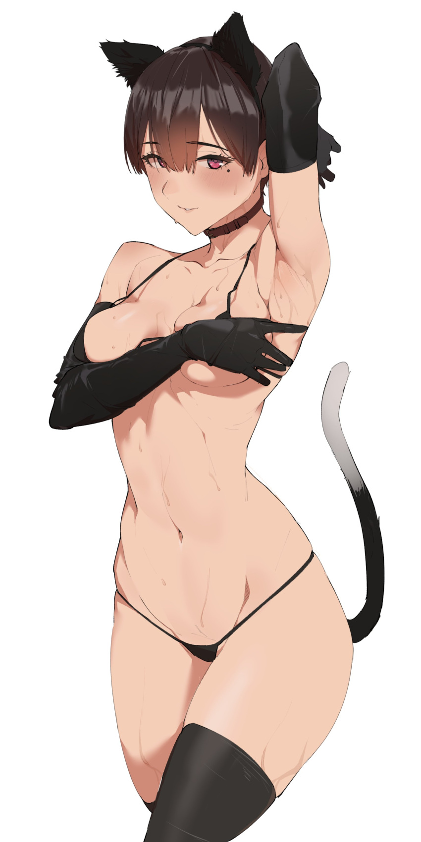 1girl absurdres animal_ears arm_up armpits bikini black_gloves black_thighhighs blush breasts brown_hair cat_ears cat_tail contrapposto elbow_gloves fake_animal_ears gloves highres mole mole_under_eye navel original pen_guin15 short_hair simple_background skindentation solo spread_armpit swimsuit tail thighhighs white_background