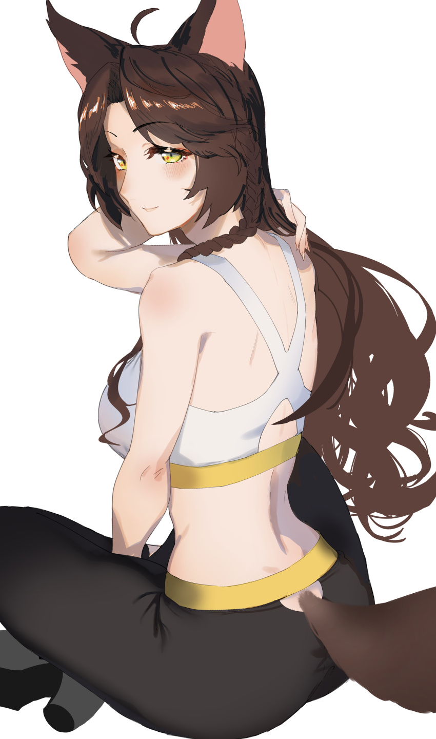 1girl absurdres animal_ears ass back blush brown_hair eyeliner fox_ears fox_tail fumi_(nijisanji) high_heels highres indian_style long_hair makeup midriff murechika nijisanji pants simple_background sitting smile solo sports_bra tail virtual_youtuber white_background yellow_eyes yoga_pants