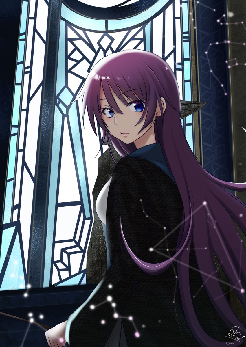 1girl 756san alternate_costume bangs black_robe blue_eyes blush breasts commentary_request eyelashes hair_between_eyes harry_potter_(series) highres hogwarts_legacy holding holding_wand indoors large_breasts long_hair long_sleeves looking_at_viewer monogatari_(series) parted_lips purple_hair robe senjougahara_hitagi sidelocks signature solo stained_glass twitter_username wand