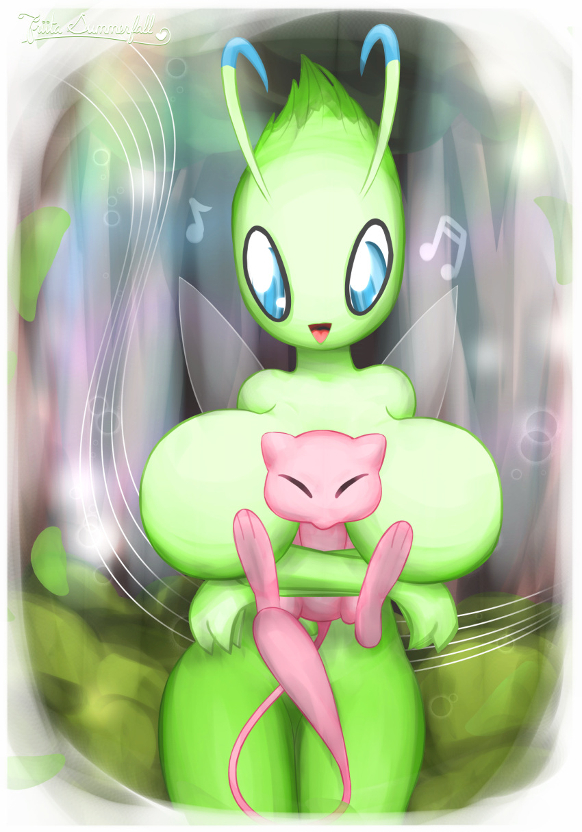 2022 3_fingers ambiguous_gender antennae_(anatomy) anthro arm_under_breasts arthropod between_breasts big_breasts blue_eyes breast_smother breasts celebi crossed_arms duo embrace eyes_closed featureless_breasts female fingers friita generation_1_pokemon generation_2_pokemon generation_7_pokemon green_body happy hi_res hug hugging_from_behind legendary_pokemon looking_down mew_(pokemon) musical_note nintendo not_furry open_mouth pink_body pokemon pokemon_(species) signature singing size_difference smothering